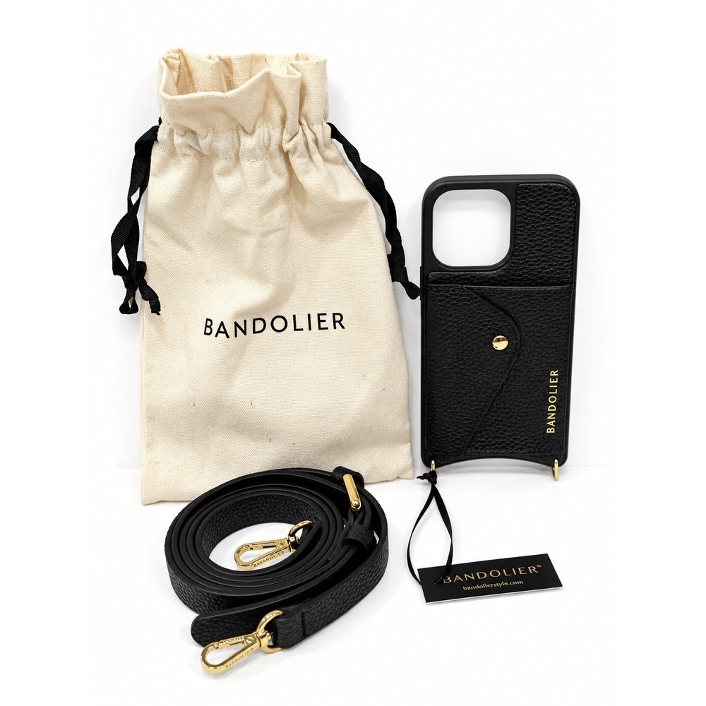 Bandolier iPhone 13 Pro Black Leather Crossbody Phone Case Wallet w/ Strap